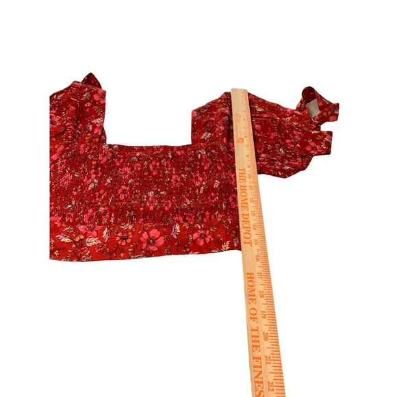 Red Floral Smocked Puff Sleeve Crop Top With Bow-Tie Back Small - Picture 6 of 8